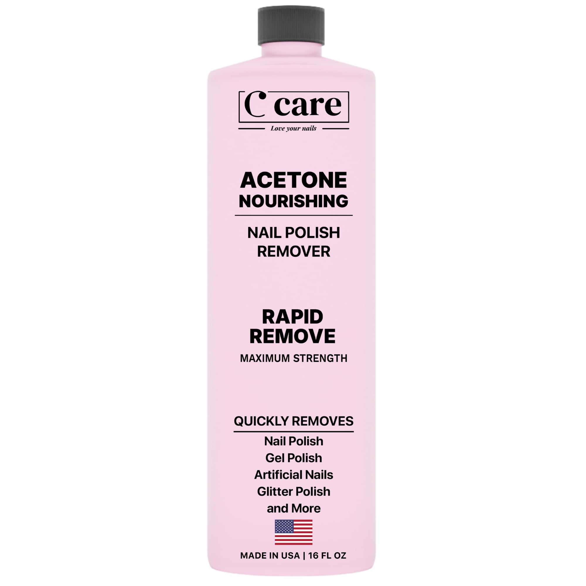 CCare dissolvant acétone pour ongles, flacon en vue et retrait rapide du vernis