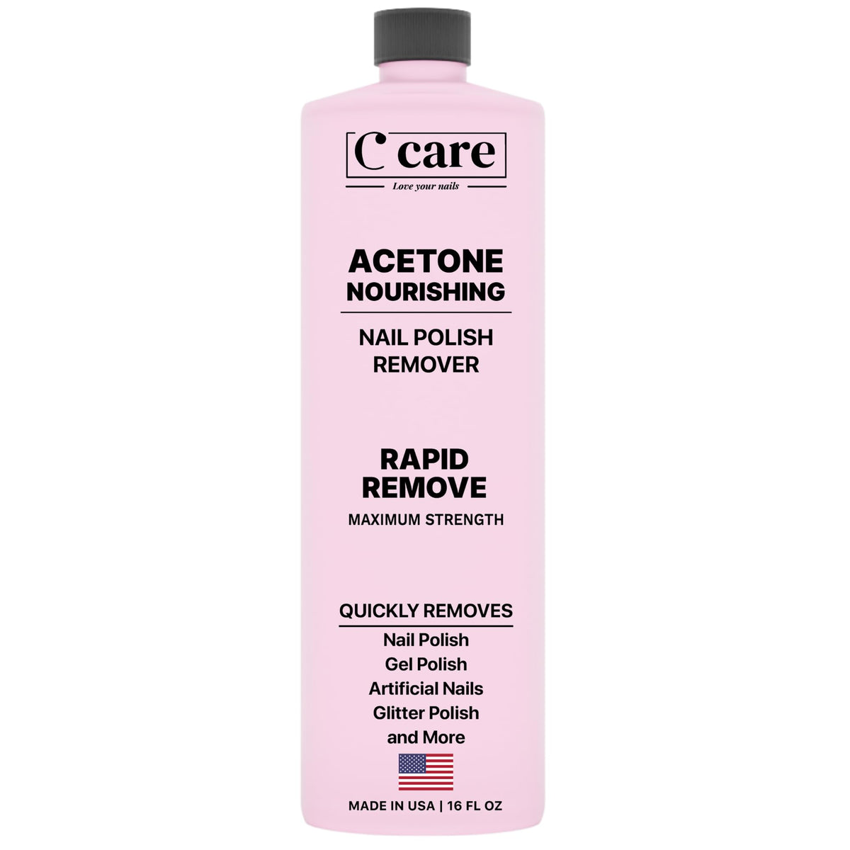 CCare dissolvant acétone pour ongles, flacon en vue et retrait rapide du vernis