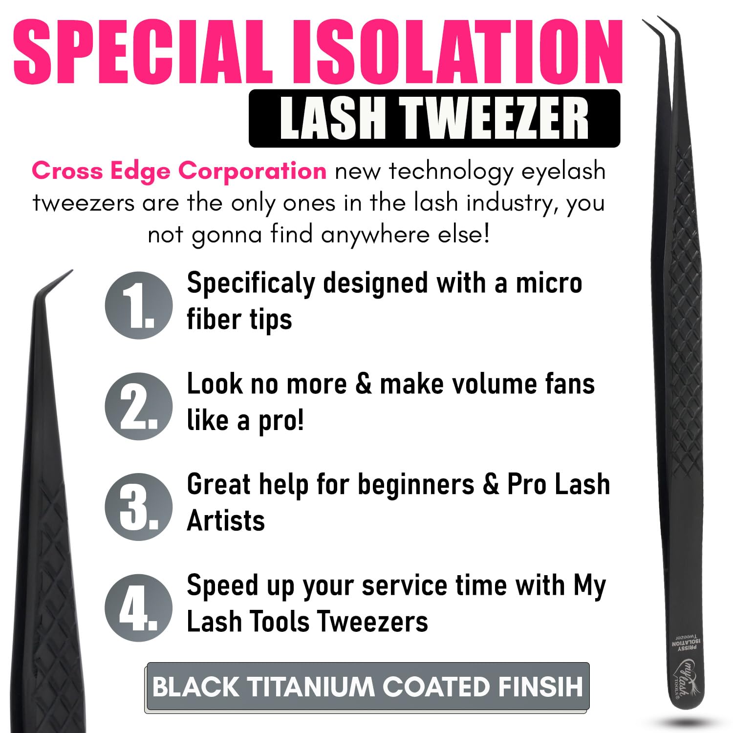 Cross Edge CEC pince isolation cils japonaise acier noir finition titanée
