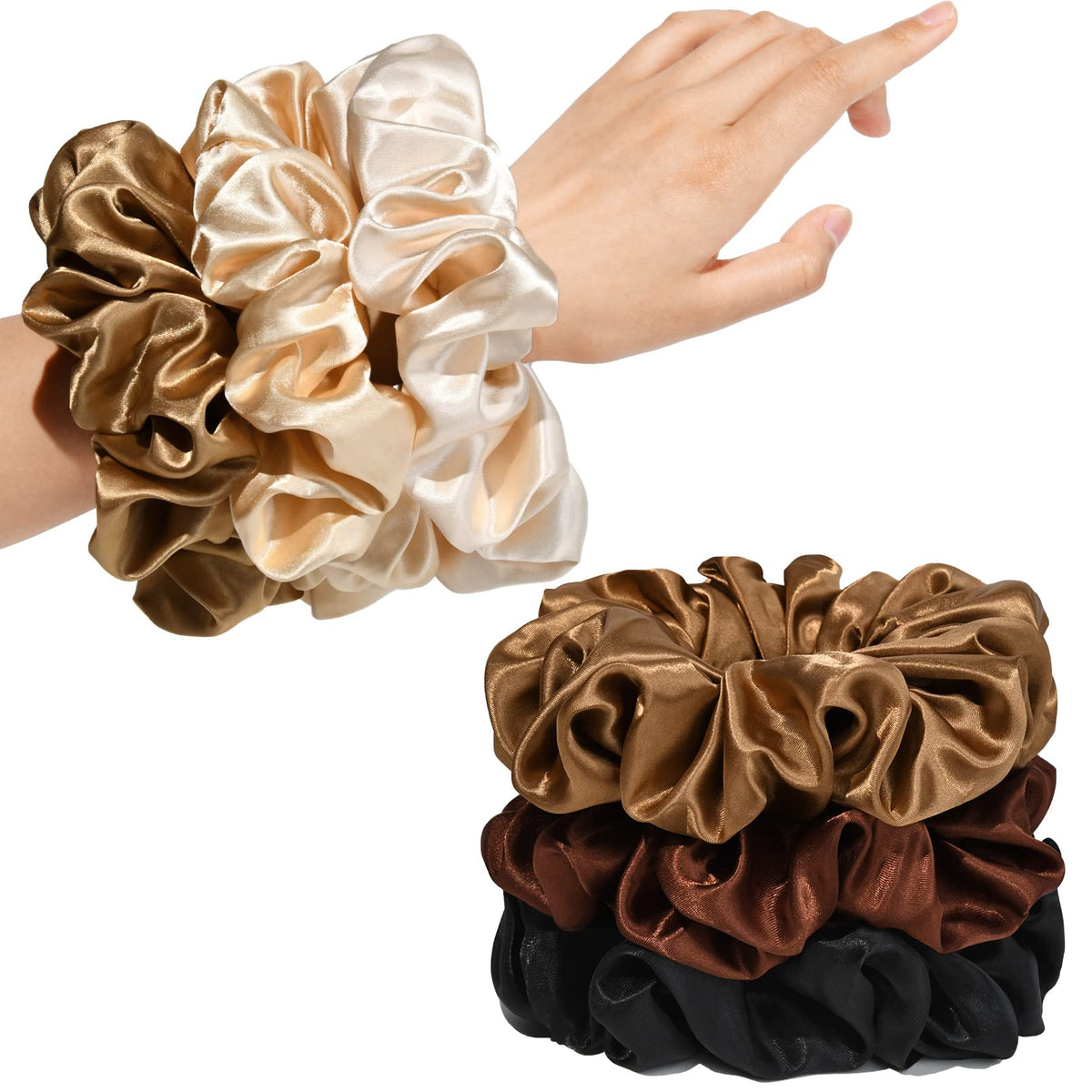 CEELGON scrunchie satin noir, diamètre 165 mm pour cheveux épais.