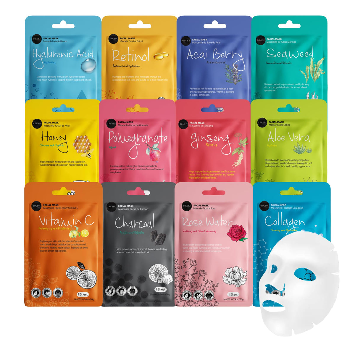 Celavi masque visage ensemble 12 arômes pour hydratation riche