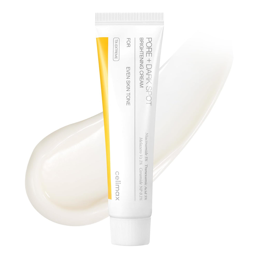 Celimax crème éclaircissante pour pores présente dans une bouteille, teint plus uniforme.