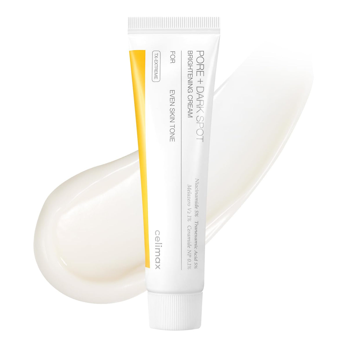 Celimax crème éclaircissante pour pores présente dans une bouteille, teint plus uniforme.