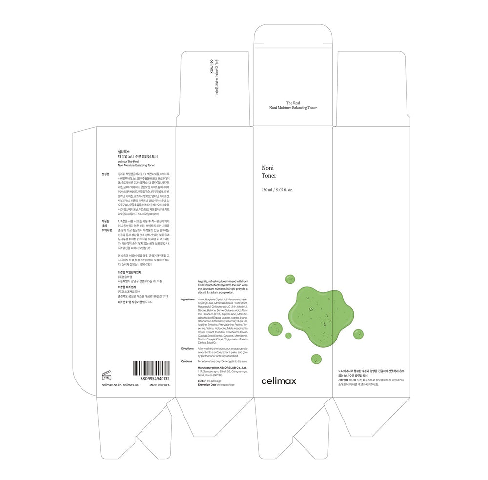 Celimax Noni Toner sans parabènes et SLS pour peaux sensibles.