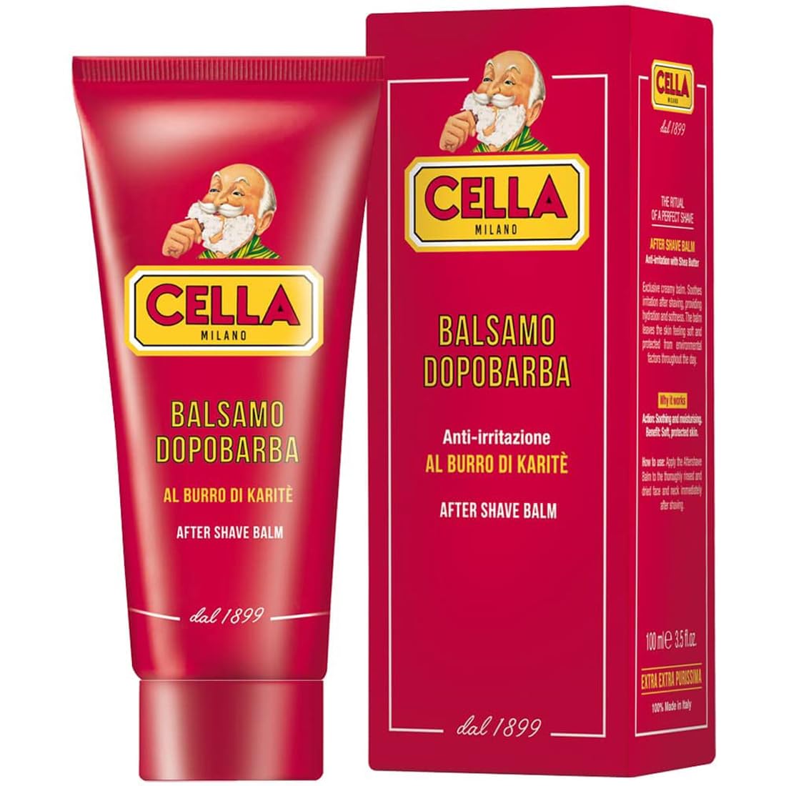 Cella Milano après-rasage: beurre de karité et huile d'amande pour hydratation durable.