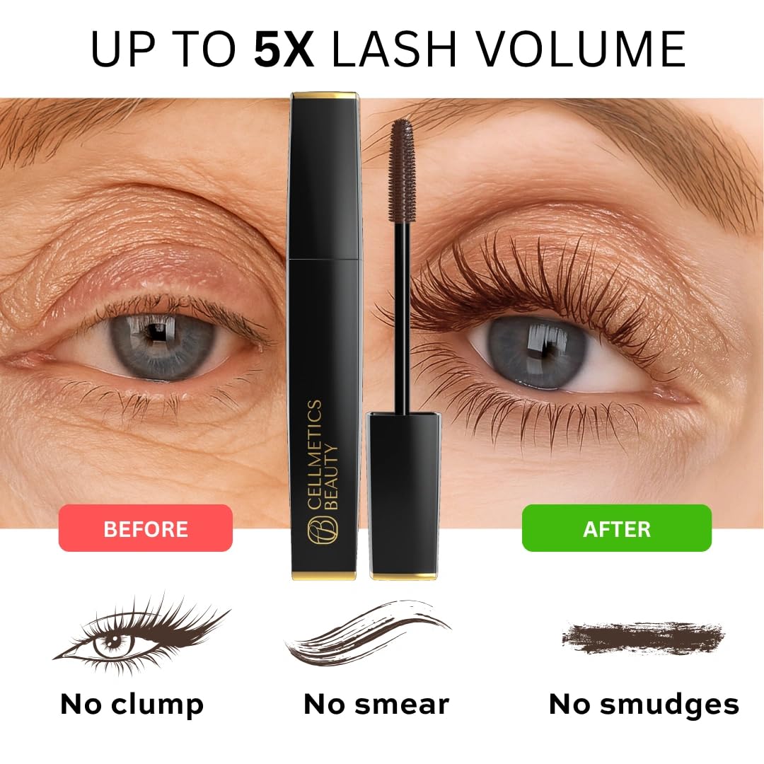 Cellmetics Mascara affiche des cils volumineux et définis sans paquets.