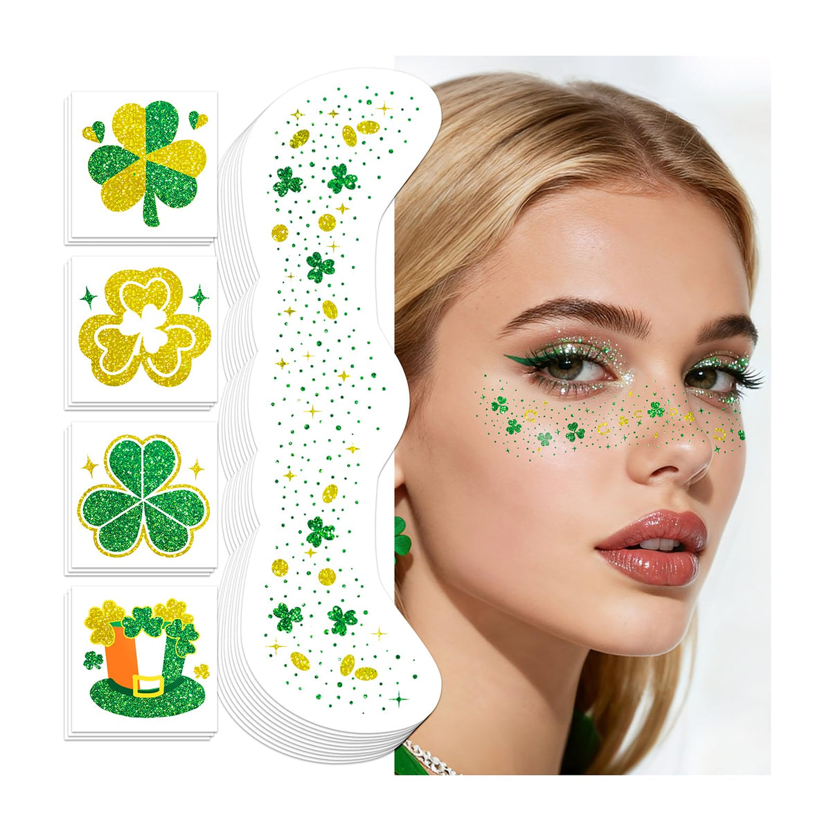 Tatouages Cerlaza Saint-Patrick avec paillettes or, rendu festif et durable.