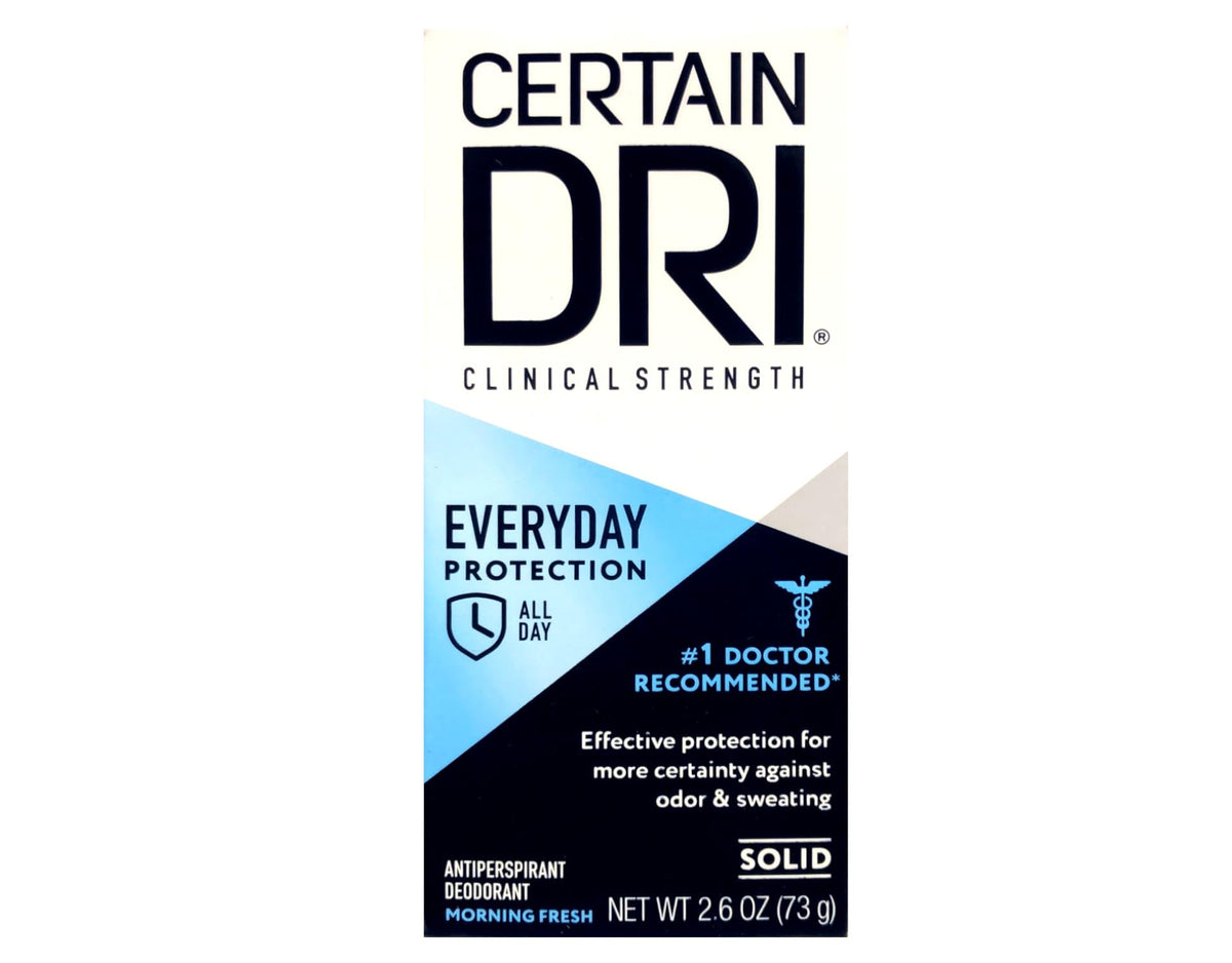 Certain Dri A.M Solid Antiperspirant emballage élégant et pratique.