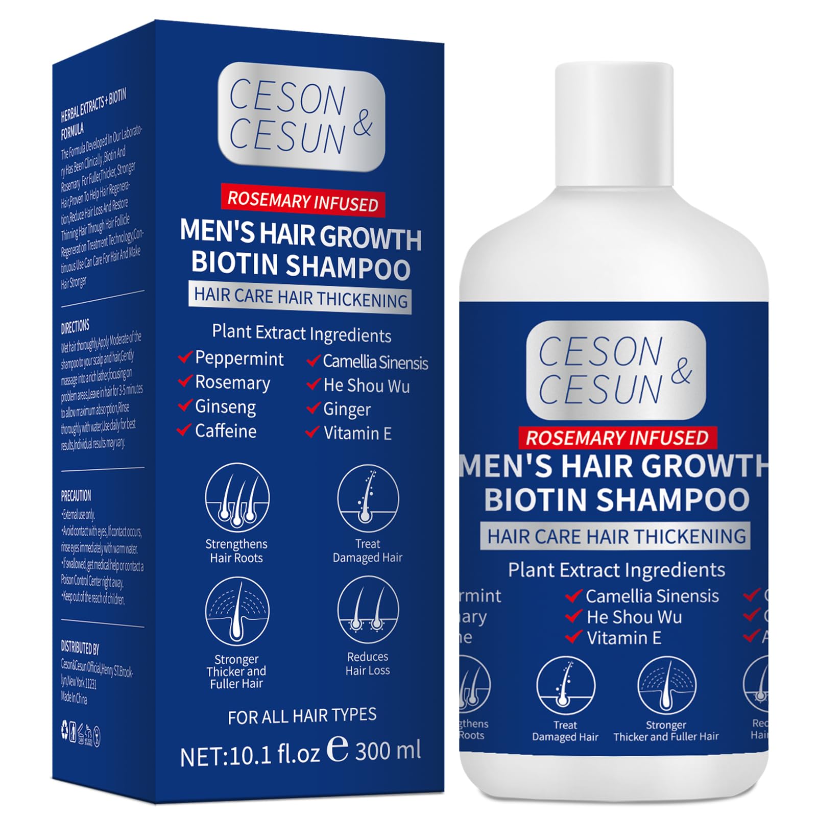 Shampoing Ceson&Cesun romarin et biotine – bouteille visible, fortifie les cheveux.
