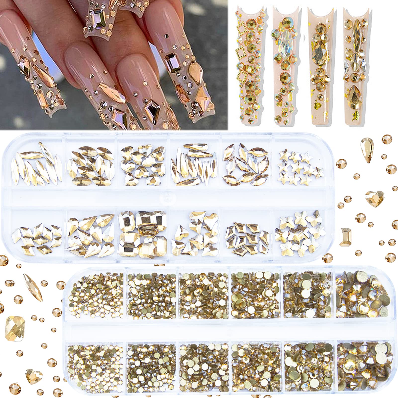 CESUSME rhinestones champagne doré pour ongles, brillance éclatante pour manucure.
