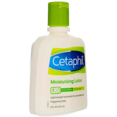 Lotion Cetaphil adaptée aux peaux sensibles, douceur et non grasse.