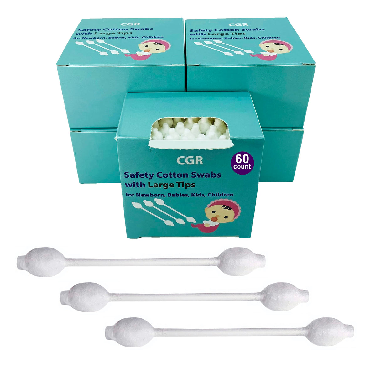 CGR coton-tiges bébé à pointes larges dans une boîte ouverte, douceur pour la peau.