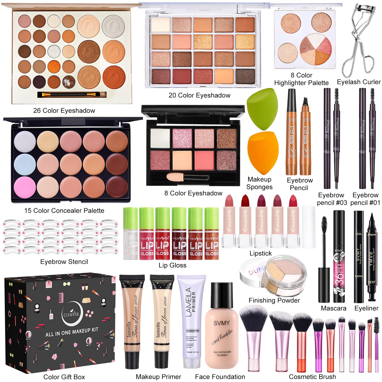 CHAFFUL kit de maquillage avec pinceaux et accessoires, conçu pour des applications précises.