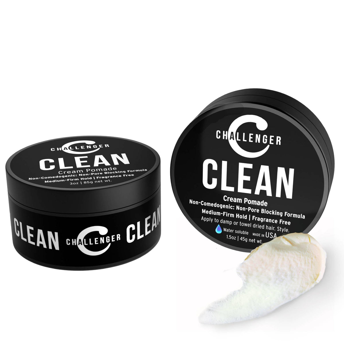 Challenger Clean bocal 3oz, sans parfum, idéal pour peaux sensibles et pores propres.