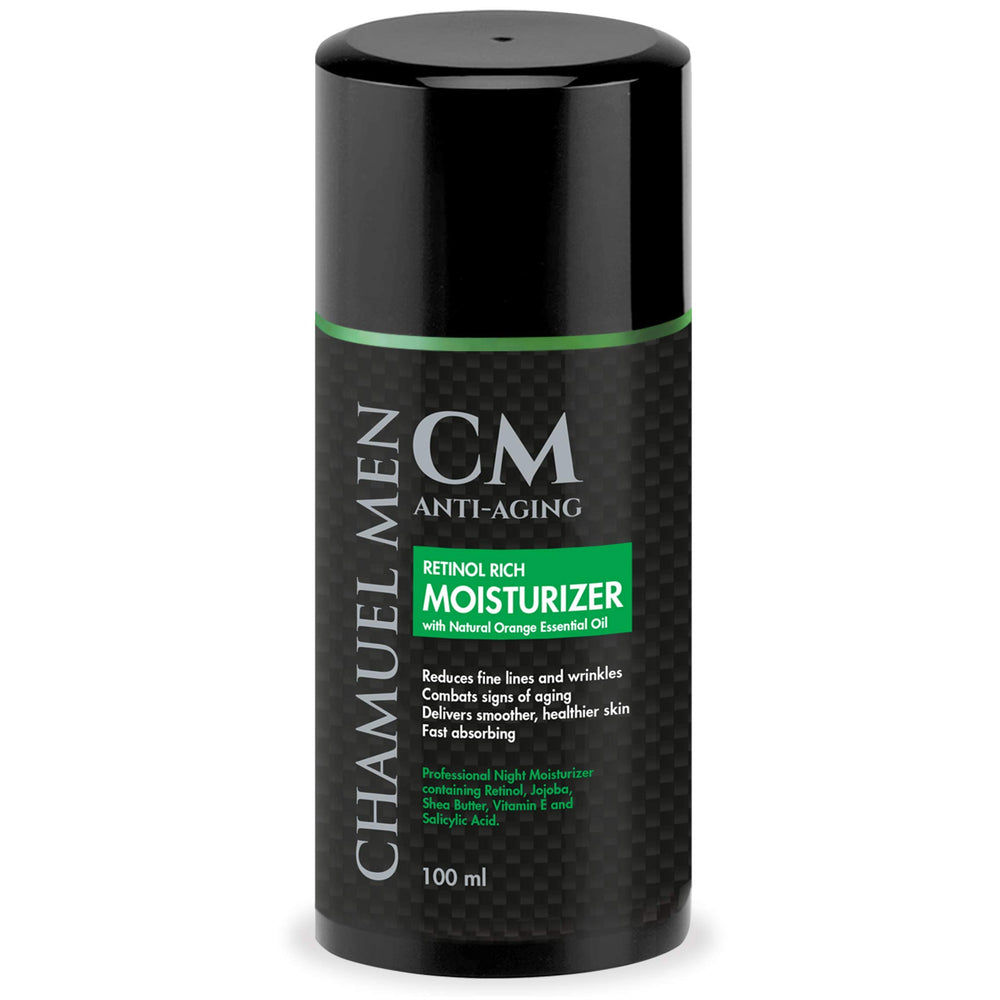 CHAMUEL MEN Daily Face Cream bottle demonstrates retinol for nighttime skin renewal