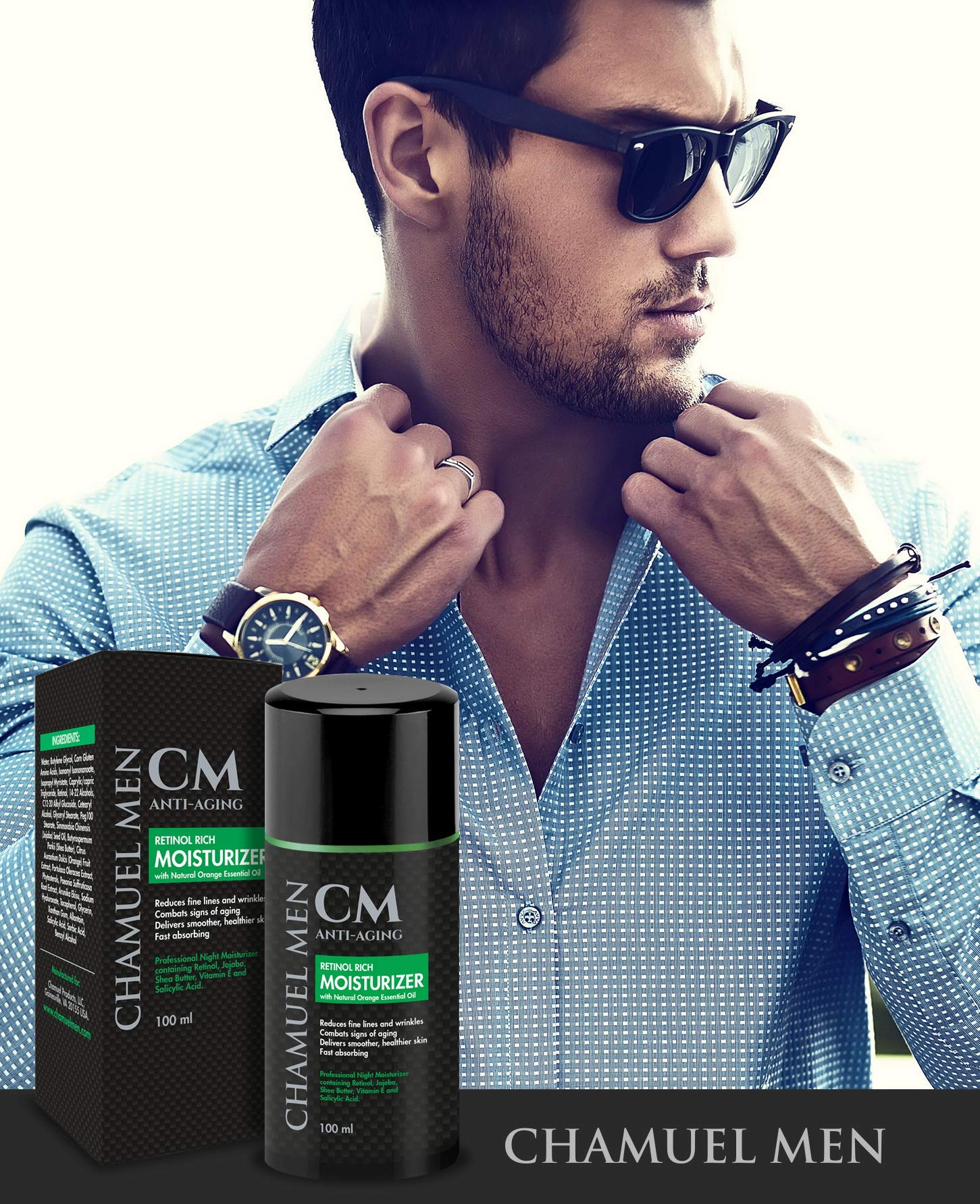 CHAMUEL MEN ingredients include jojoba oil, shea butter, and vitamins A and C
