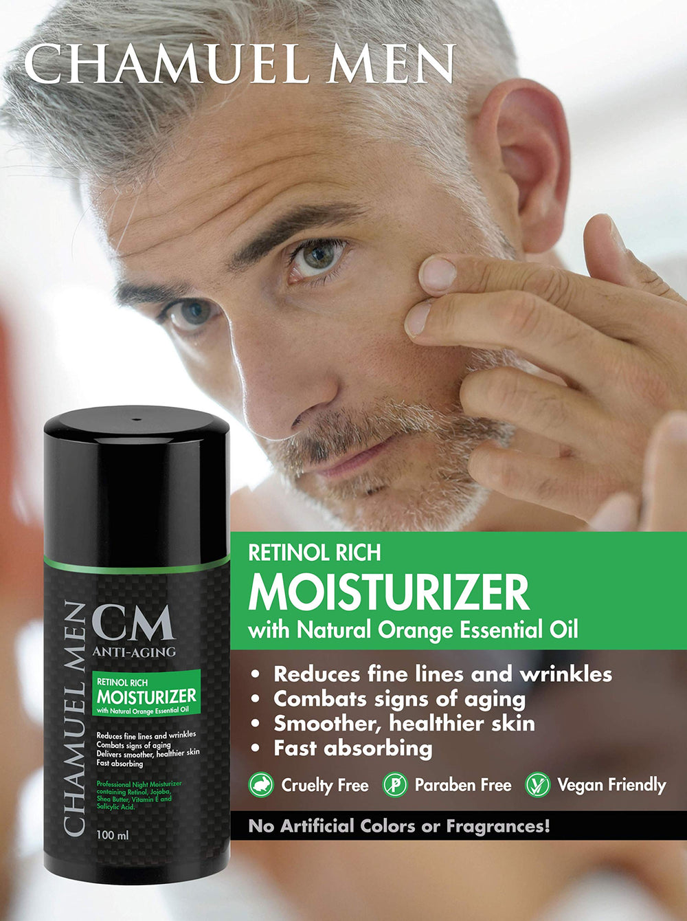 CHAMUEL MEN 2.5% retinol formula indicates targeted anti-aging support