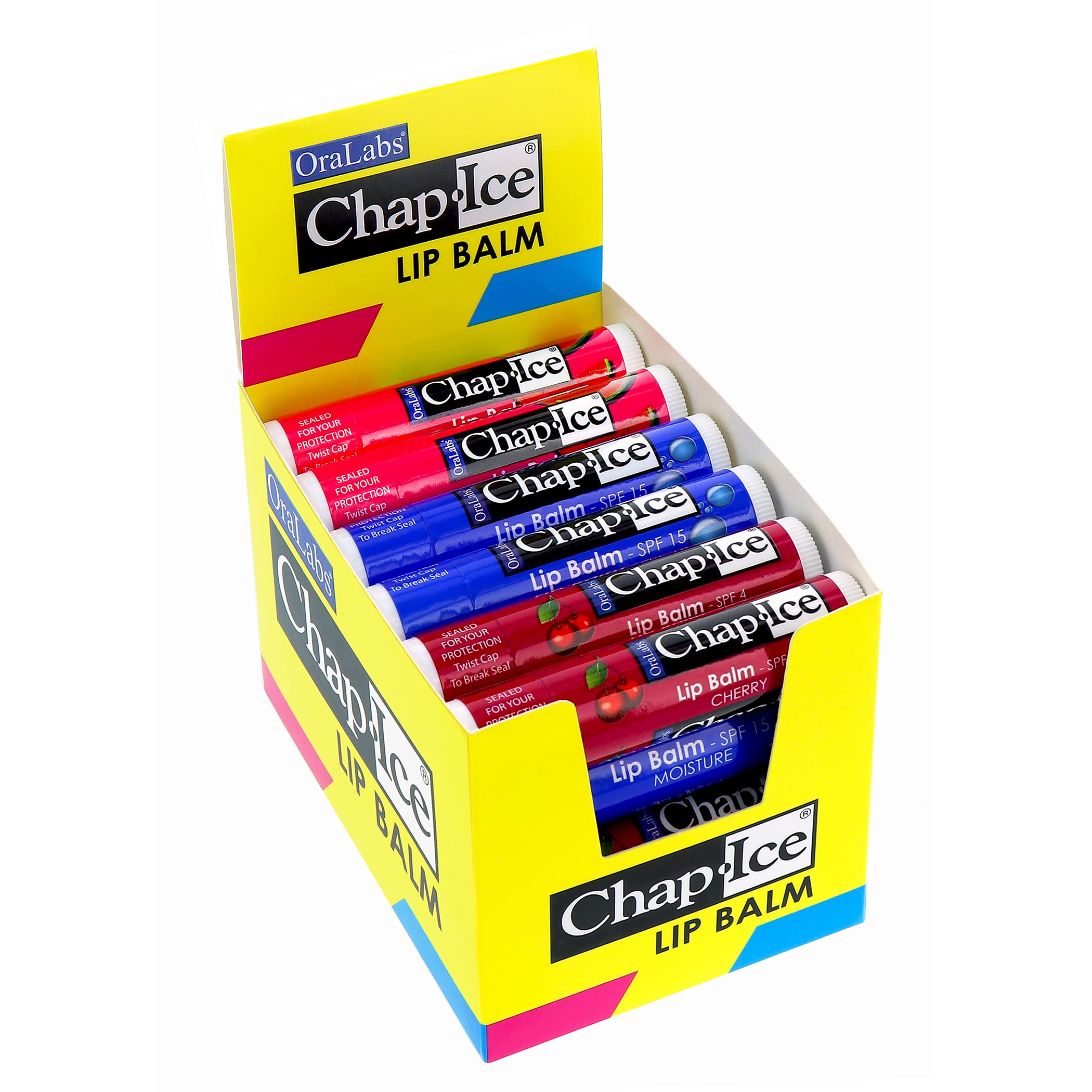 CHAP-ICE cherry lip balm stick moisturizes lips with SPF-15 protection.