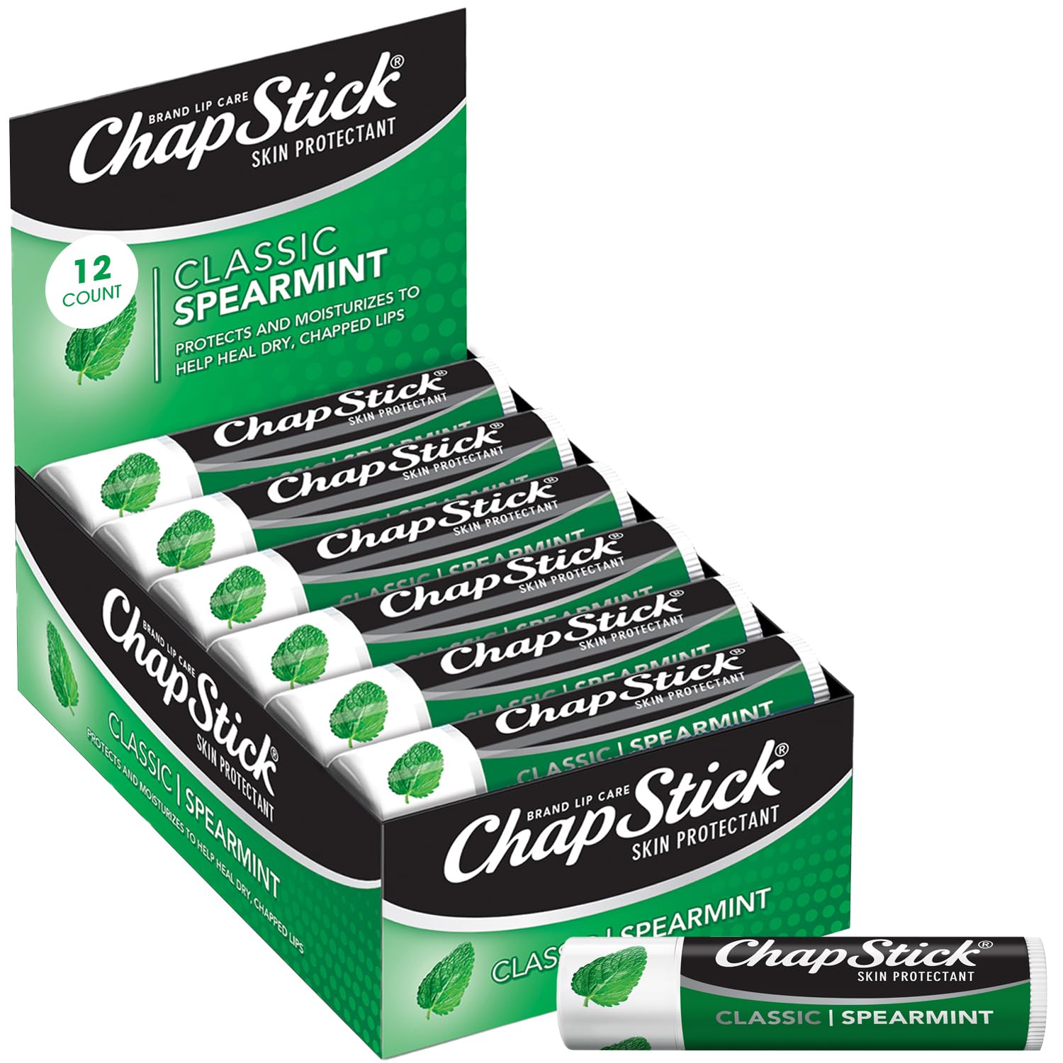 ChapStick baume lèvres menthe classique, lot de 12, pratique pour les déplacements et réconfort immédiat.