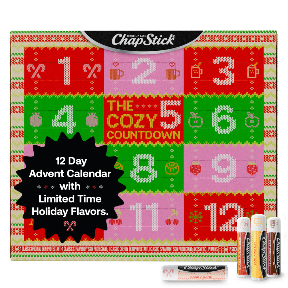 ChapStick Calendrier Avent emballage tricot Noël, idéal cadeau chaleureux.