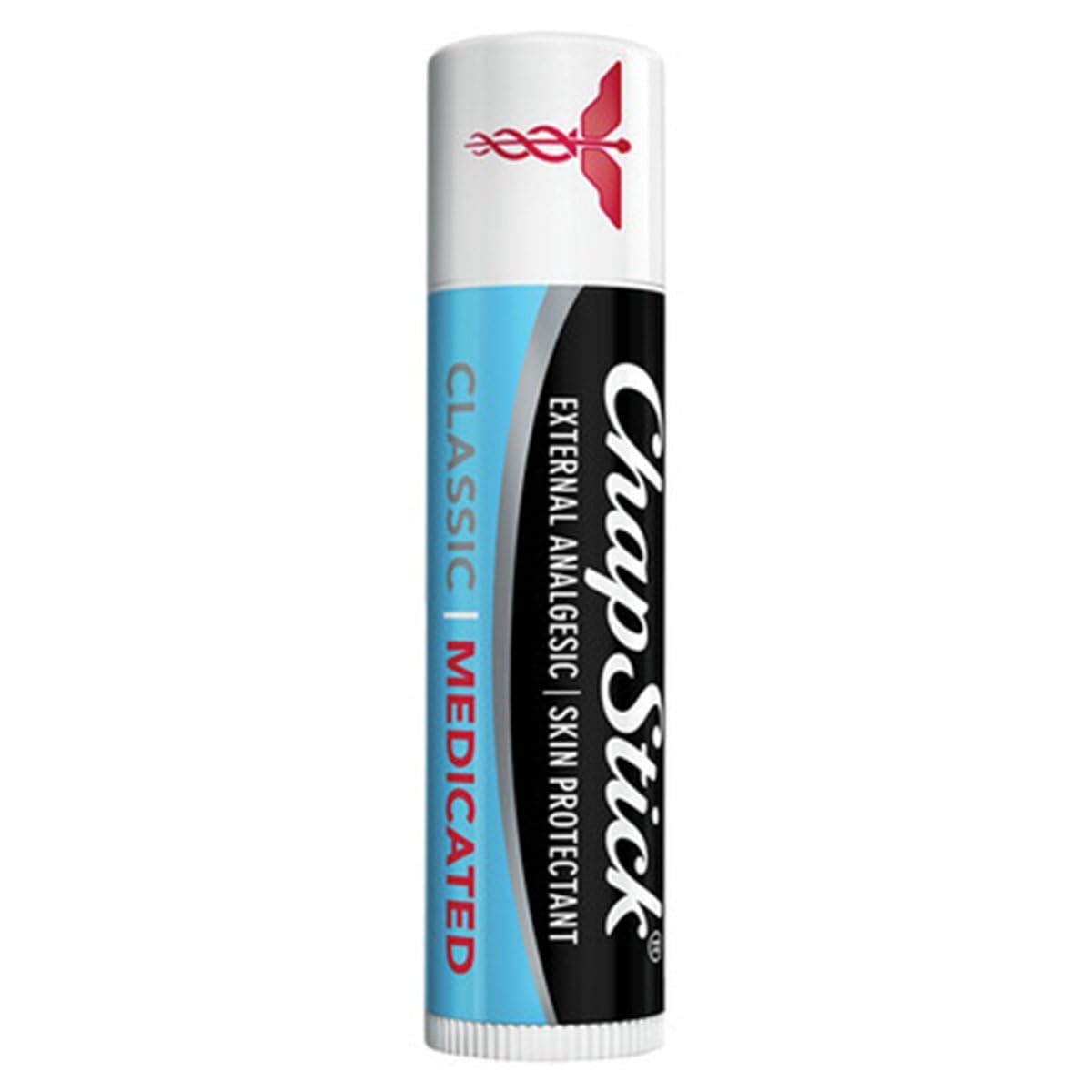 Vue du packaging ChapStick Classic Médicamenteux et des sticks visibles.