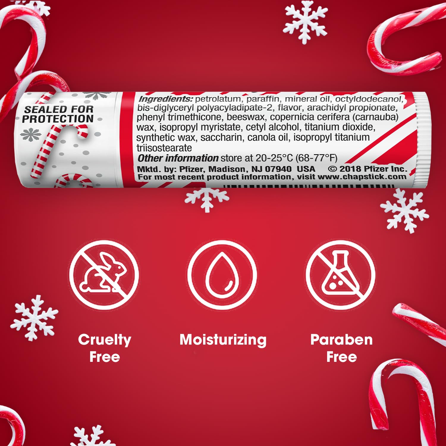 Cruelty-free, paraben-free ChapStick Candy Cane lip balm.