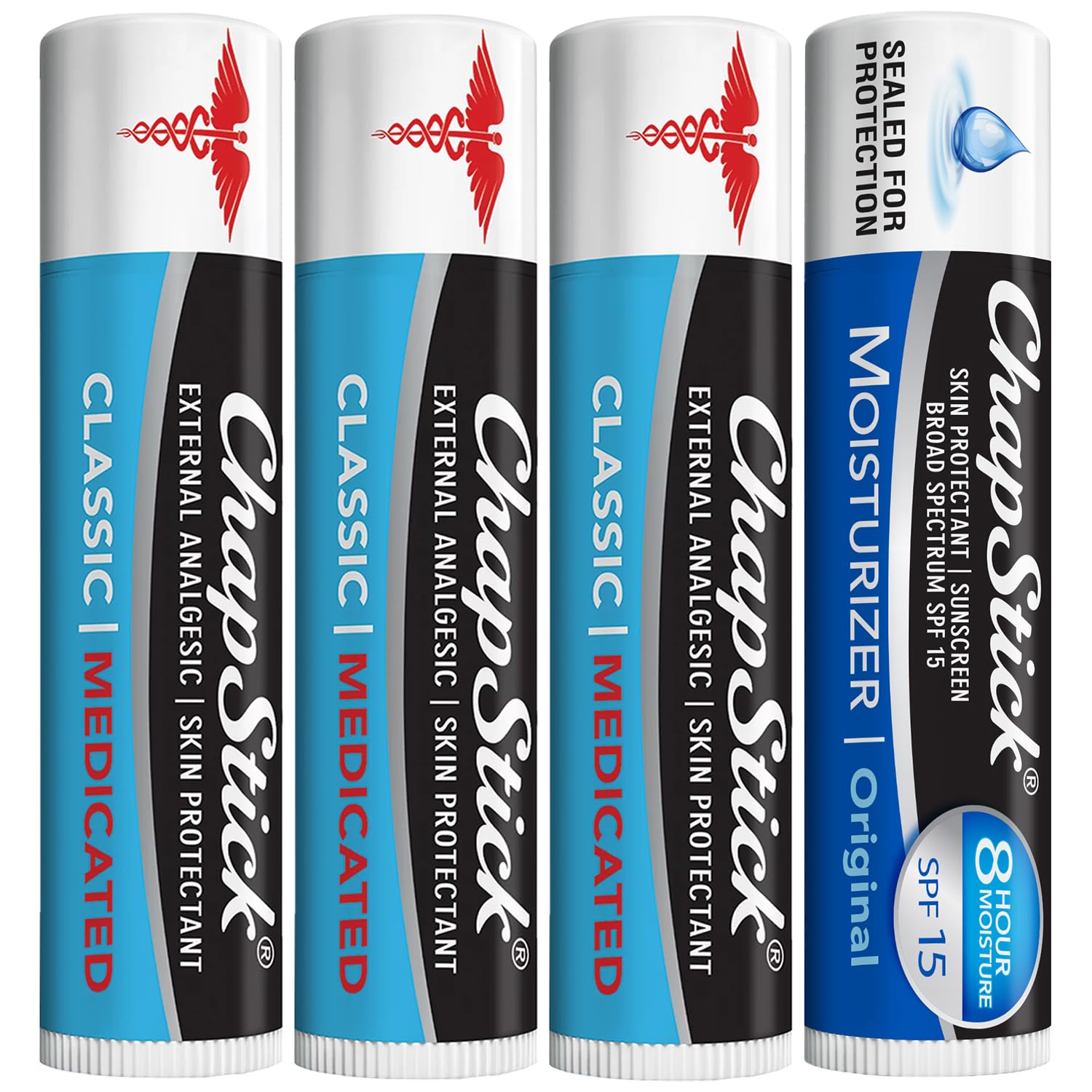 ChapStick ensemble quatre pièces : soin médicamenteux et hydratant des lèvres.