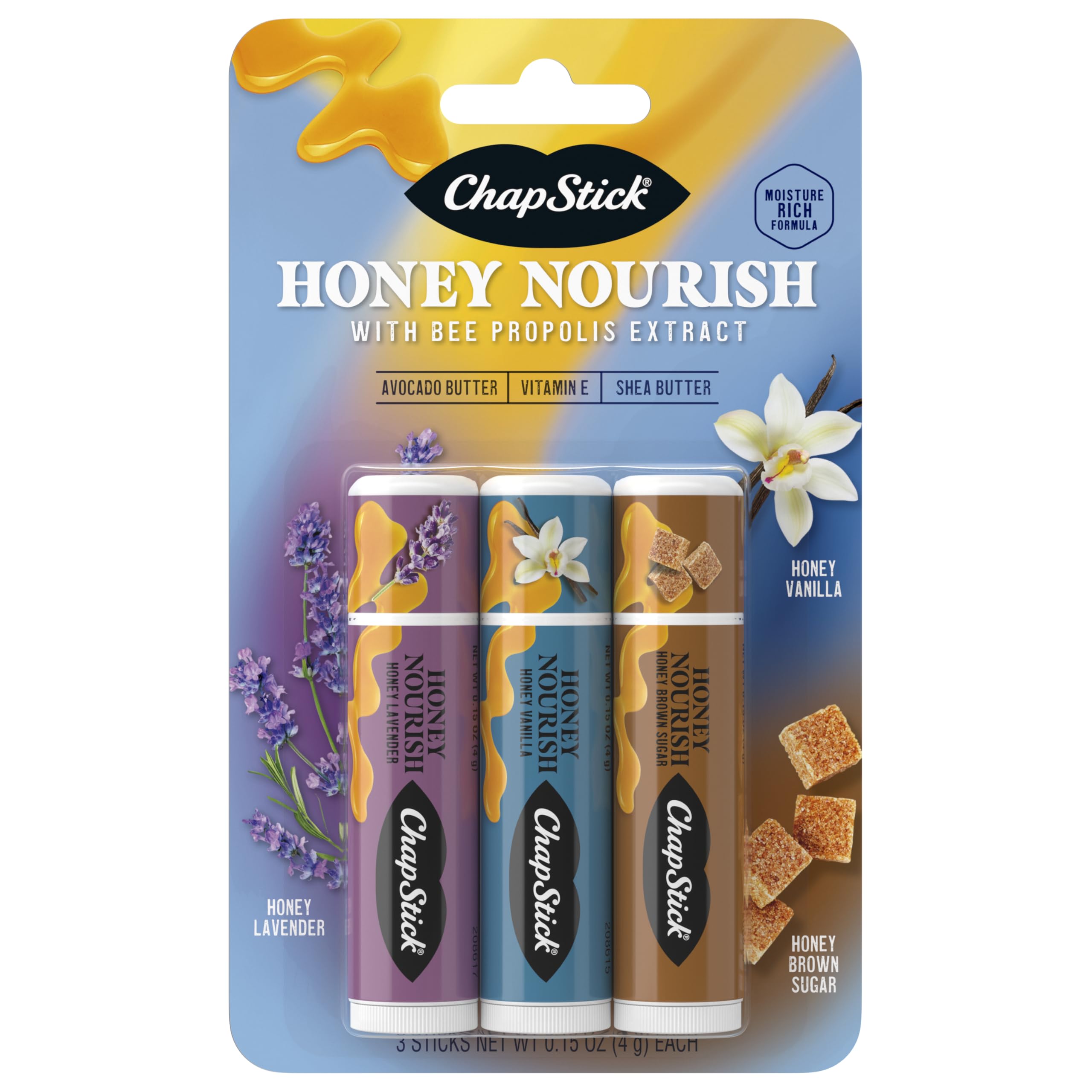 ChapStick Honey Nourish baume à lèvres triple vanille, hydratation pratique.