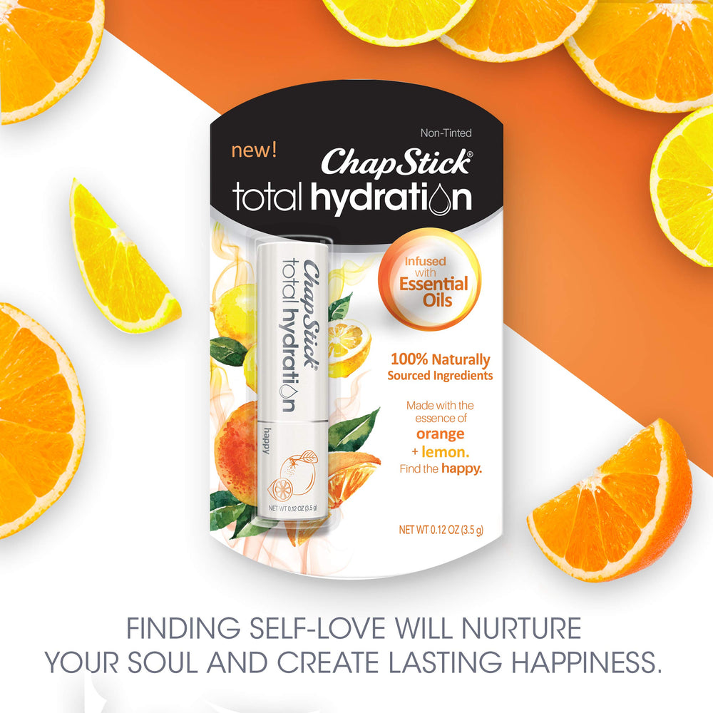 Huiles essentielles orange et citron avec ChapStick, parfum frais.