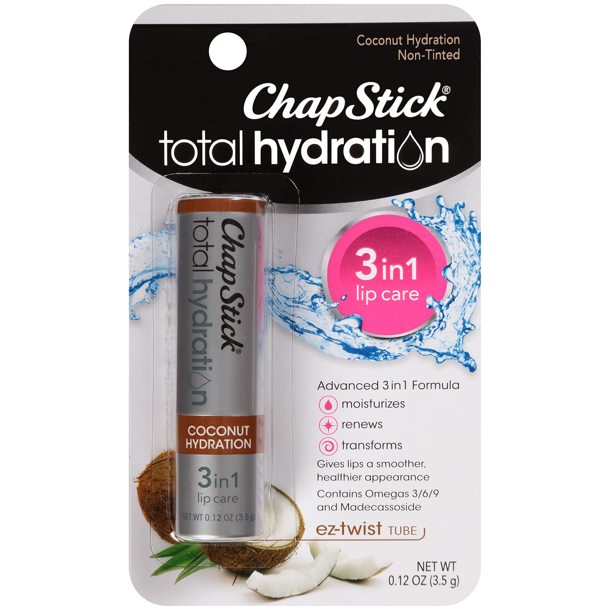 ChapStick Total Hydration Coco – tube affiché, hydratation longue durée pour lèvres douces.