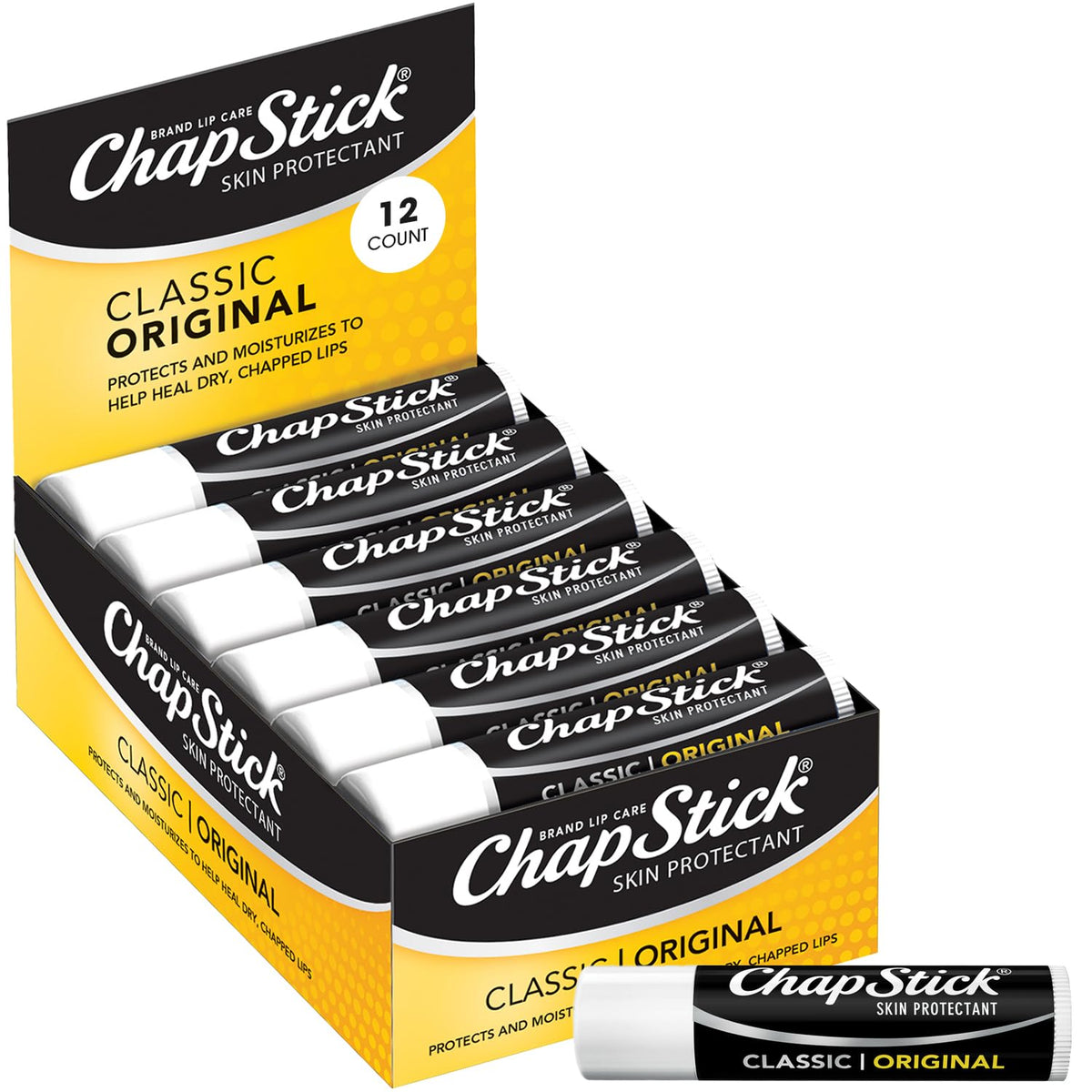 ChapStick baume lèvres original, tube compact pour hydratation rapide des lèvres sèches.