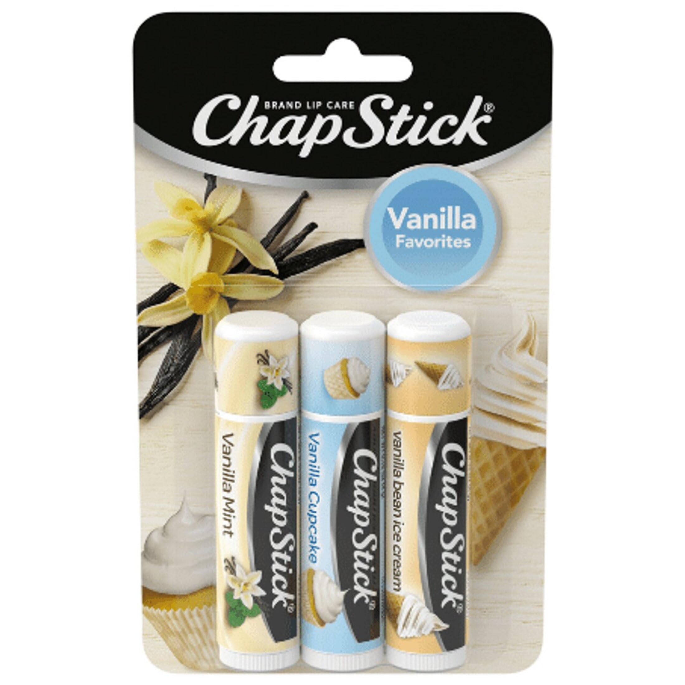 ChapStick Vanille Favorites baume lèvres tube vanille menthe, hydratation légère et parfum frais.