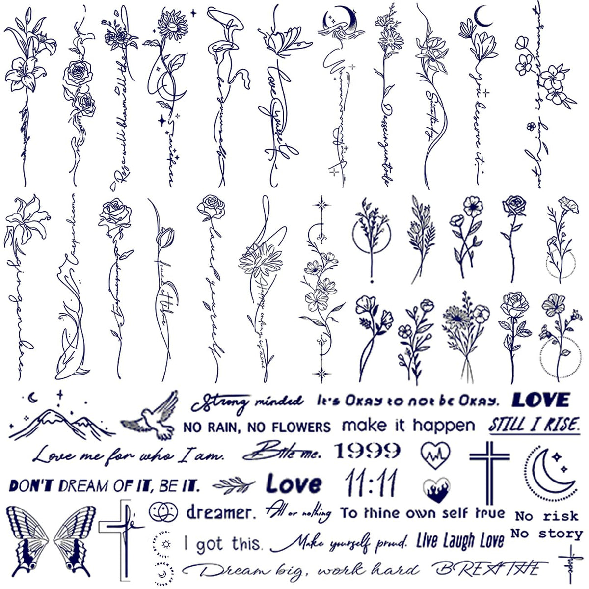 Tatouage CHARLENT fleurs et mots: motif petit et réaliste pour le quotidien