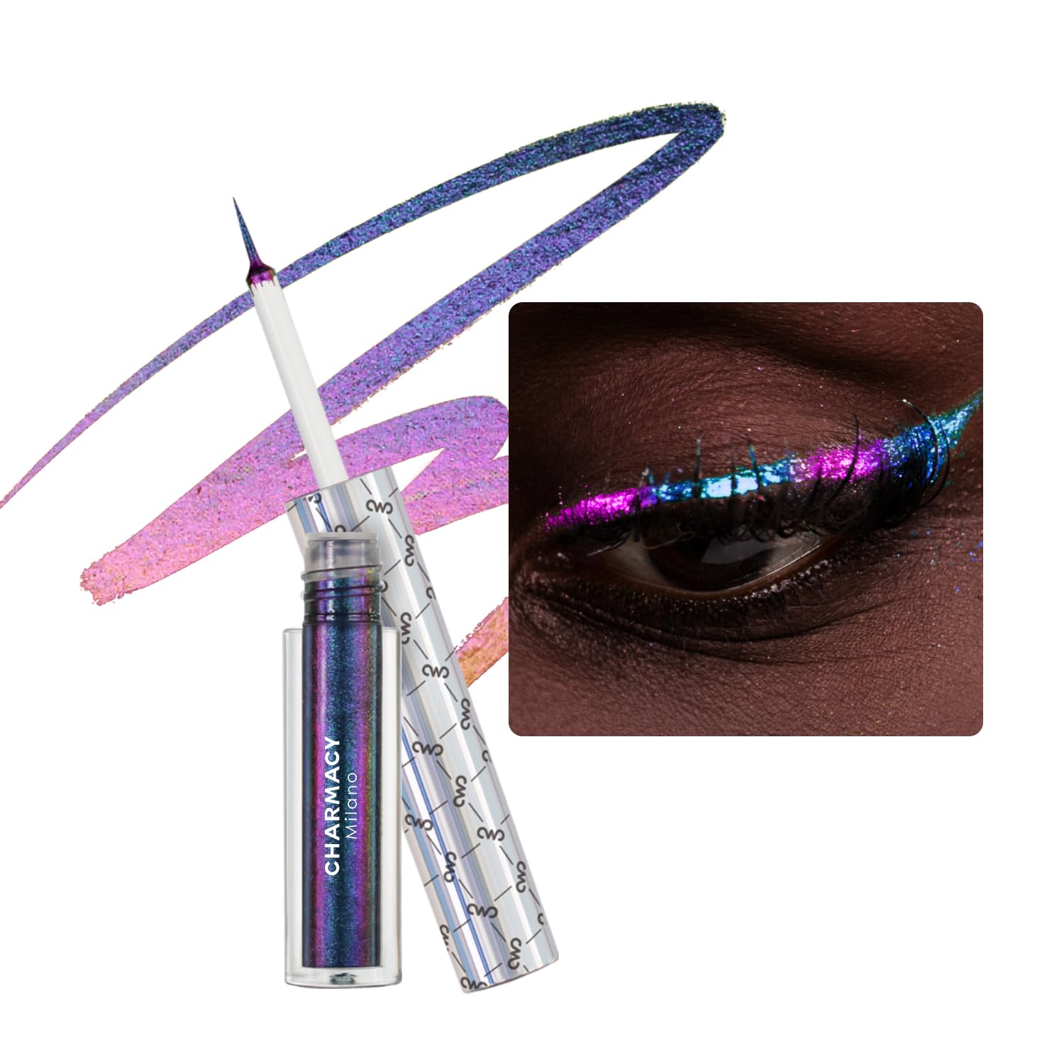 CHARMACY Chameleon Glitter Eyeliner montre l'effet multichrome selon la lumière