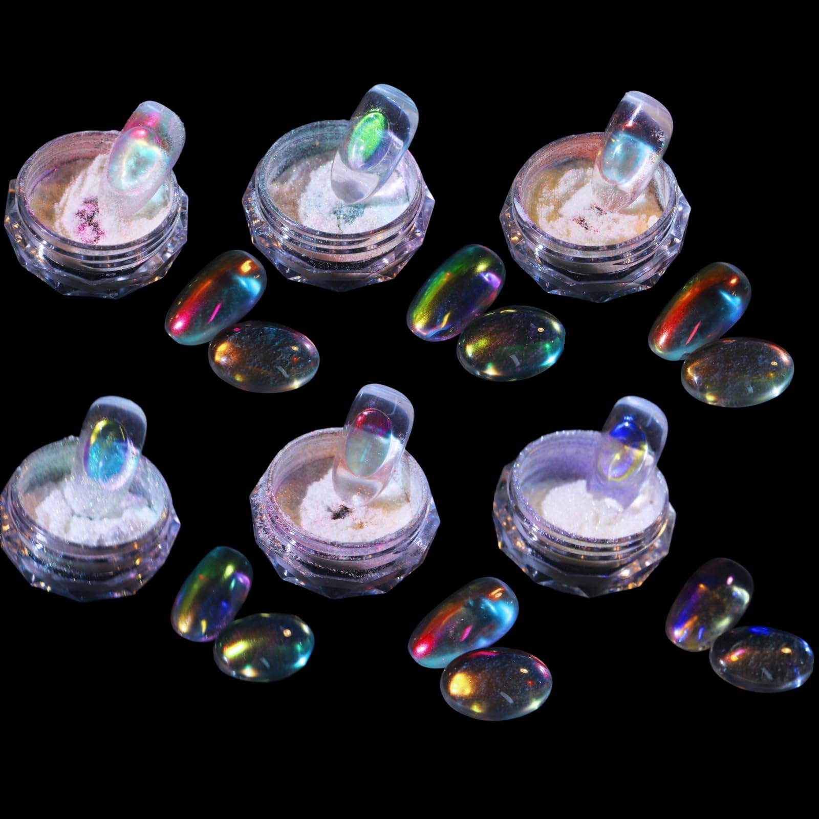 CHARMING MAY Ice Aurora – boîte poudre ongles, swatch chromé arc en ciel et effet miroir