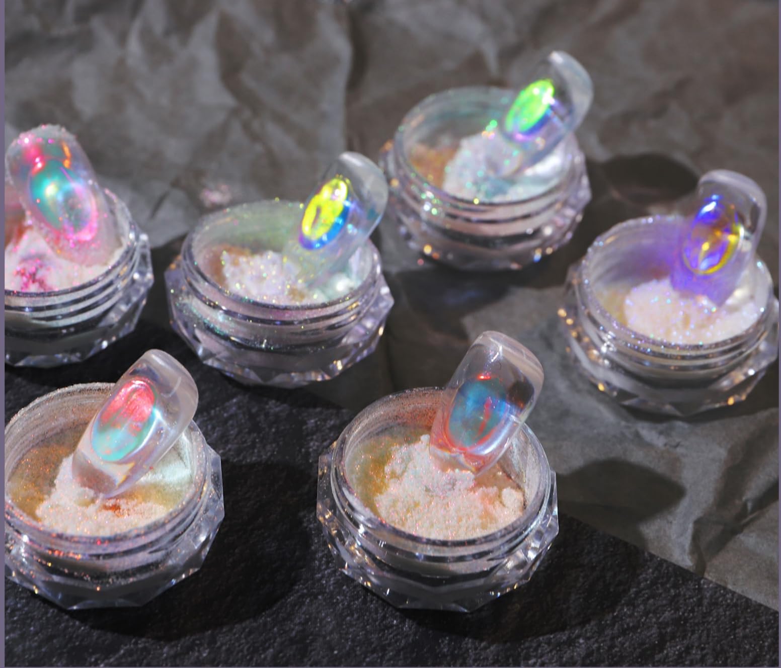 CHARMING MAY Ice Aurora – swatches colorés, poudre chrome chameleon pour ongles brillants
