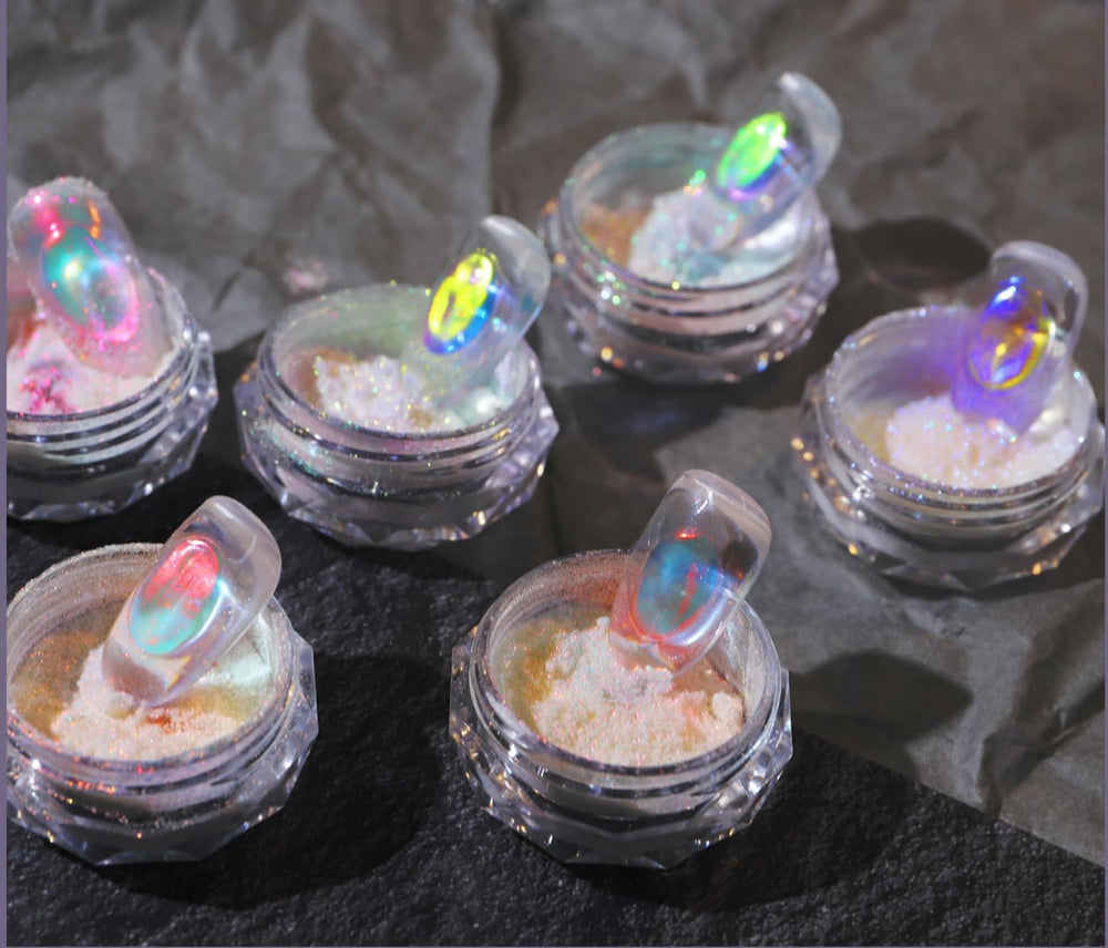 CHARMING MAY Ice Aurora – swatches colorés, poudre chrome chameleon pour ongles brillants