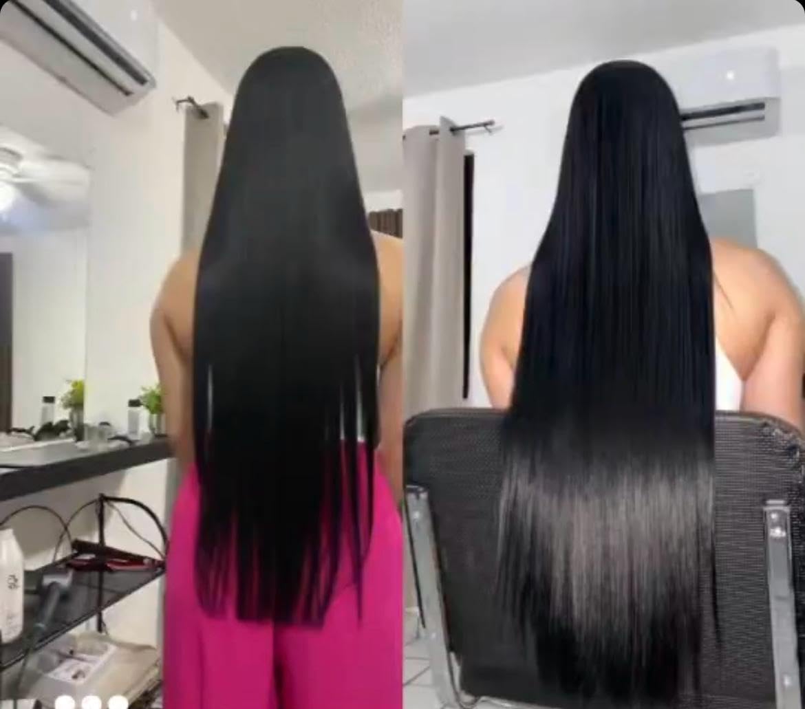 Cheveux lisses et brillants après le soin Chelly Kératine Brésil Supérieure Extra.