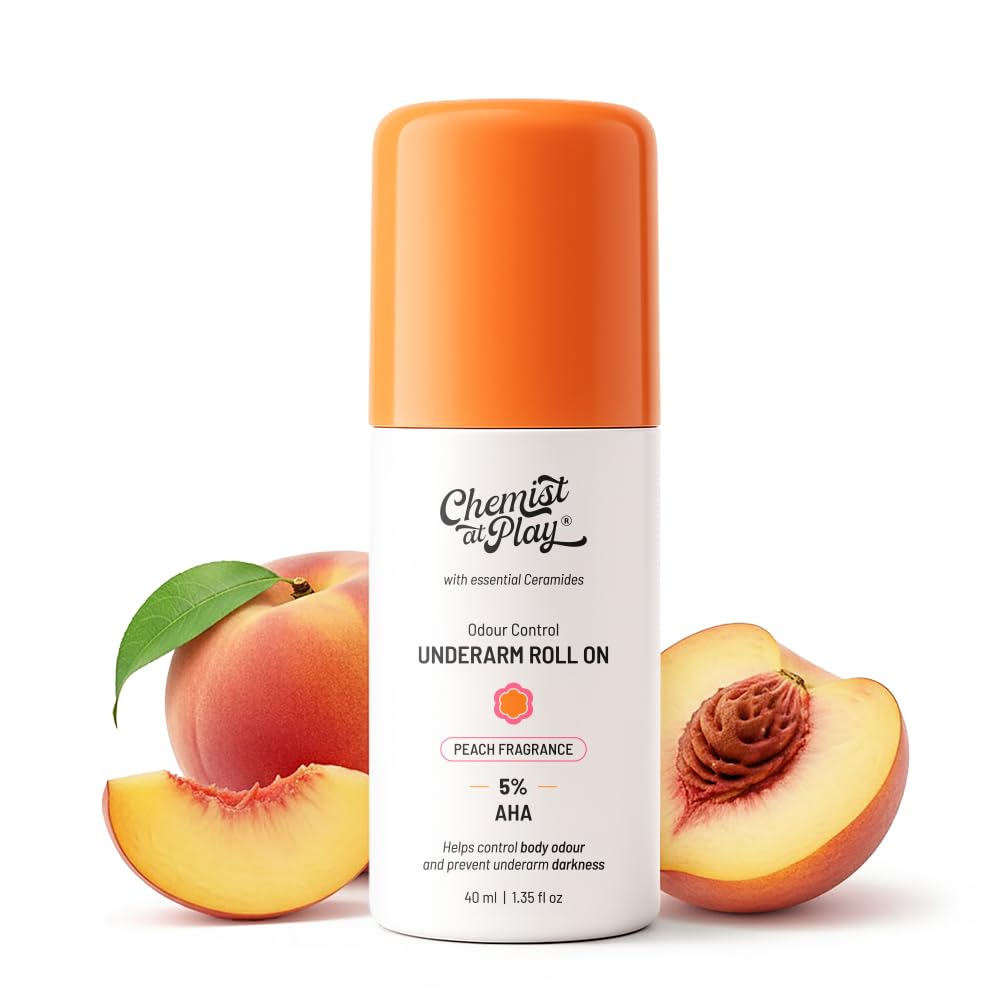 Bouteille Chemist at Play UnderArm Roll-On, parfum pêche pour une fraîcheur durable.