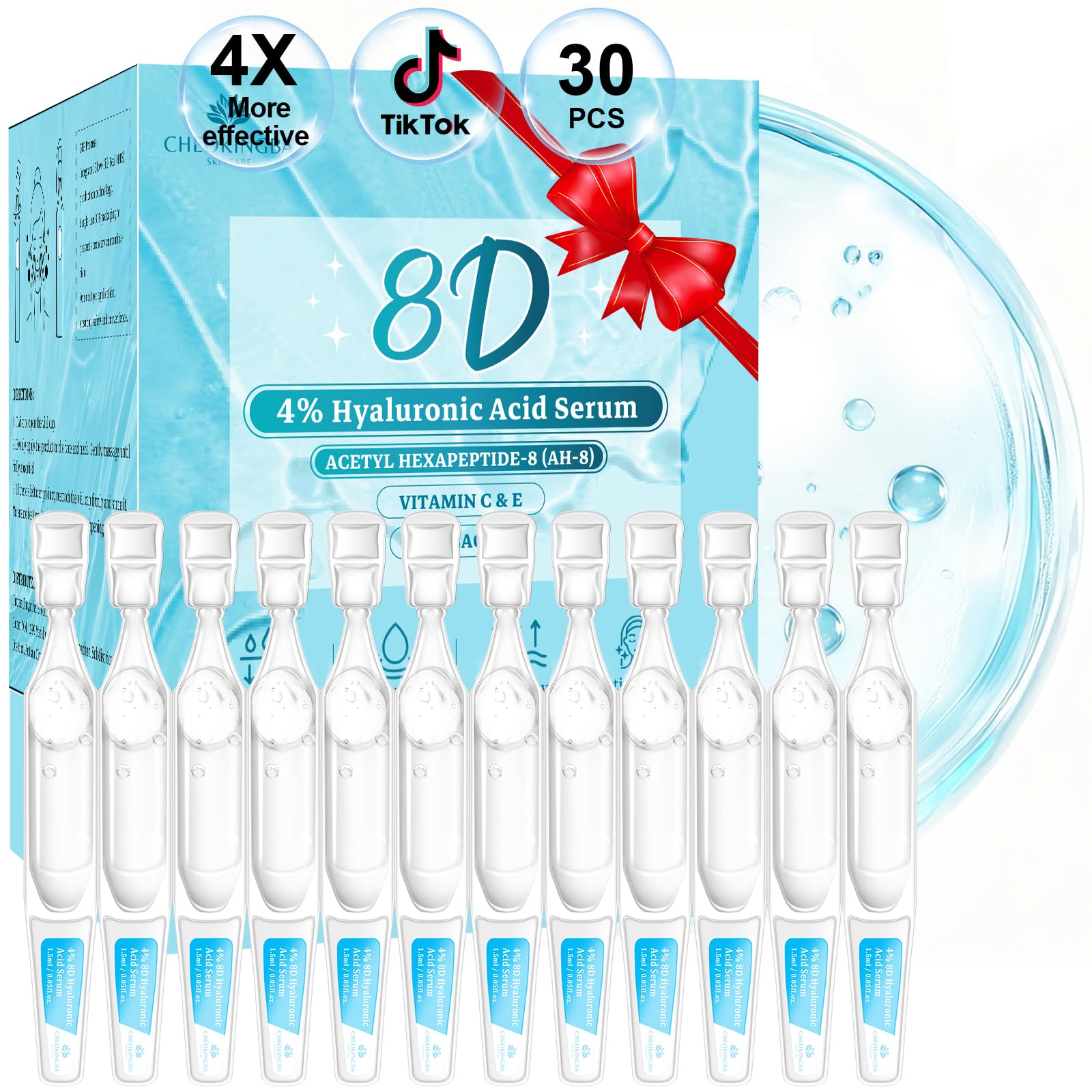 Sérum CHEOKINGBA Hyaluronique 8D en ampoules monodose pour hydratation durable.