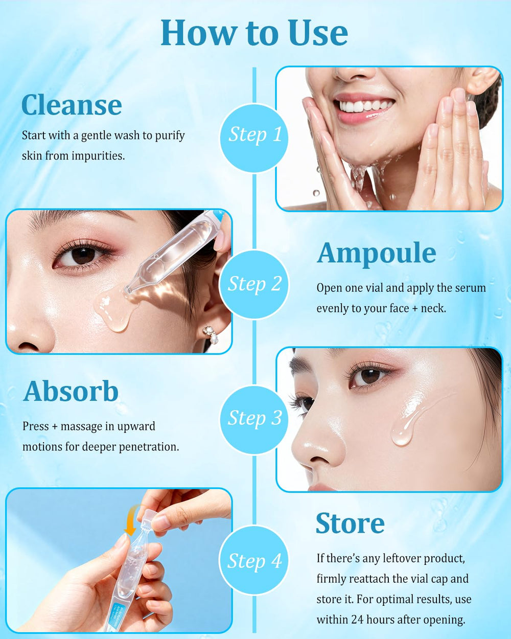 Utilisation quotidienne du sérum CHEOKINGBA sur visage et cou.