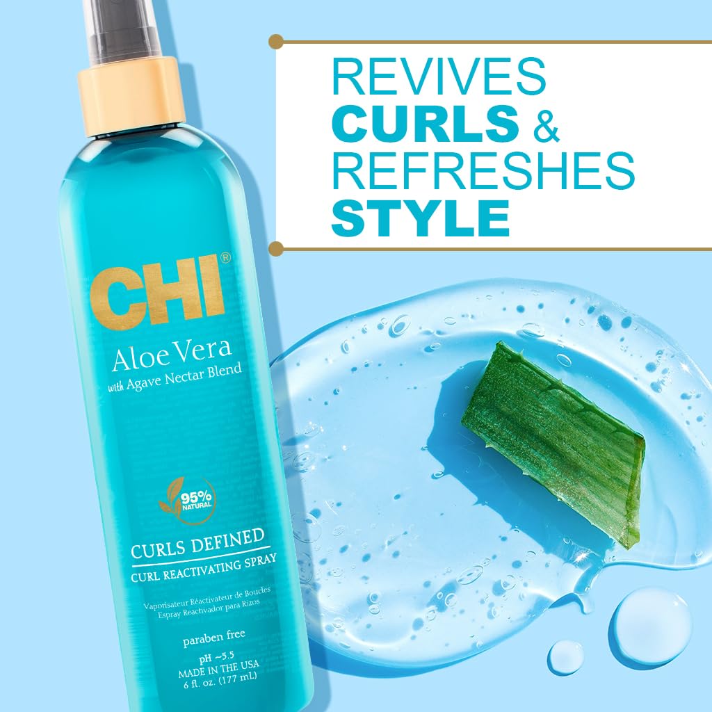 CHI Aloe Vera Curl Reactivating Spray, flacon transparent, apporte brillance et définition.