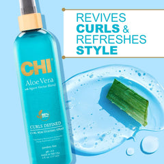 CHI Aloe Vera Curl Reactivating Spray, flacon transparent, apporte brillance et définition.