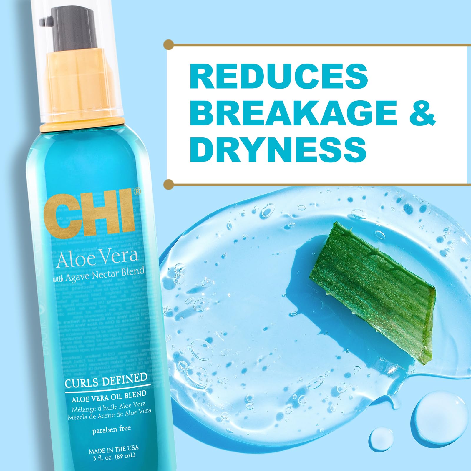 CHI Aloe Vera Huile — boucles définies et brillance naturelle toute la journée.