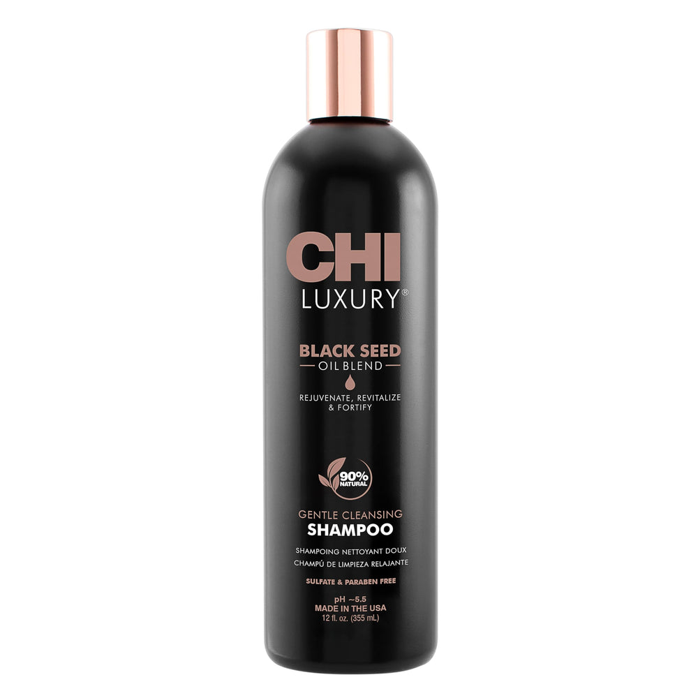 CHI Shampoing Nigelle Luxe – bouteille, nettoie en douceur et prépare les cheveux au volume.