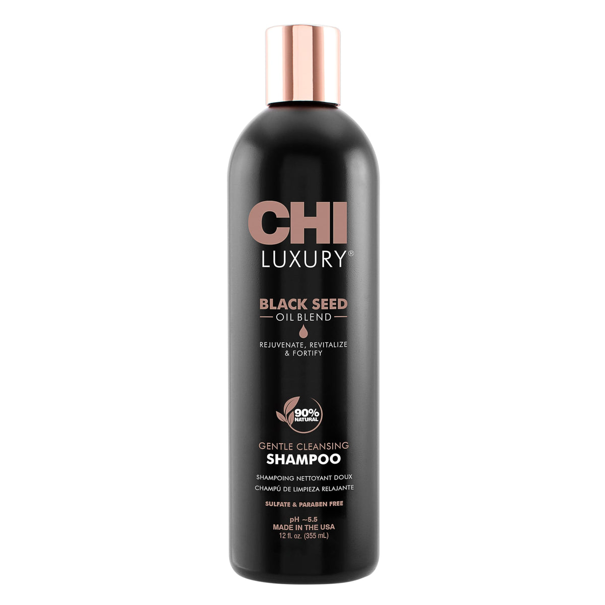 CHI Shampoing Nigelle Luxe – bouteille, nettoie en douceur et prépare les cheveux au volume.