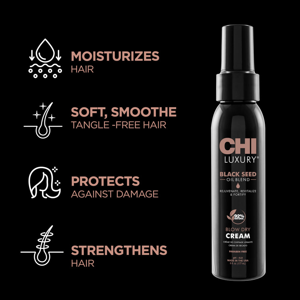 CHI crème-seche-nigelle-flacon: texture légère pour un fini lisse et brillant.