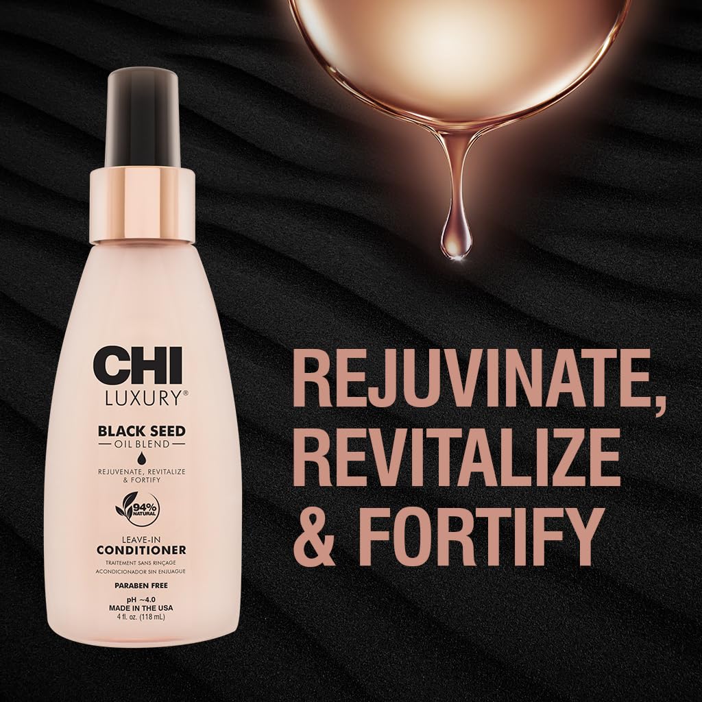CHI huile de nigelle sans rinçage, texture lisse et cheveux soyeux après application.