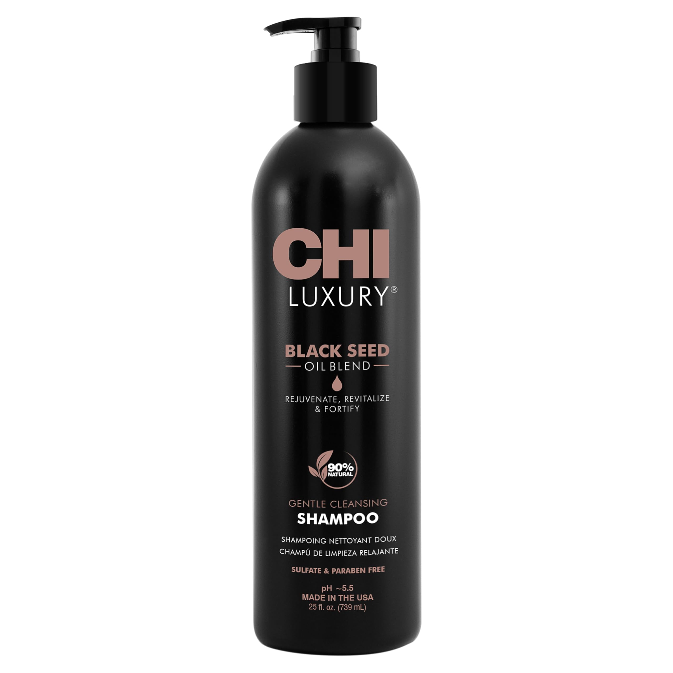 CHI Shampoing Luxe huile de graines noires en flacon, revitalise les cheveux.