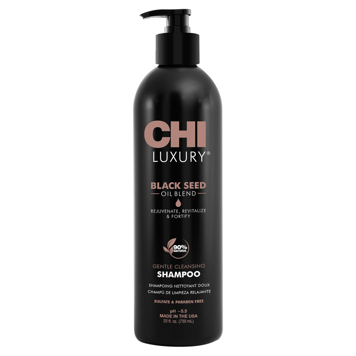 CHI Shampoing Luxe huile de graines noires en flacon, revitalise les cheveux.